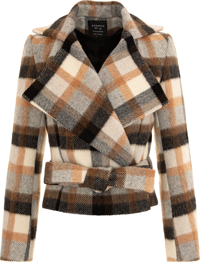 Avenue no.29 Neutrals Checked Wool Double Breasted Wide Lapel Jacket With Belt