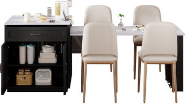 Latitude Run Kitchen Island With Extendable Dining Table For 4-6 People Double Storage Power Outlet And Open Shelving.