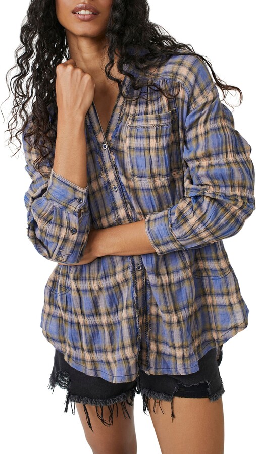 Free People Playing In Plaid Pullover Ruffles Sweatshirt Cute Cowl Funnel  Neck