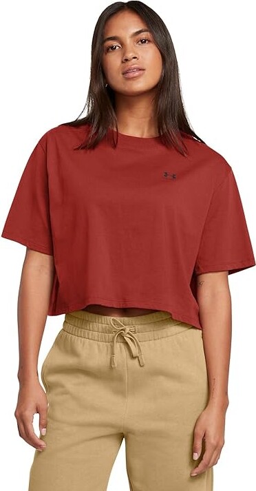 Under Armour Boxy Crop Logo Short Sleeve T Shirt Women's Workout Earthen Orange/Black : XL (US 16), Polyester
