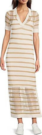 Le' AL.X Stripe Knit Wide Mesh Polo Collar V-Neck Short Sleeve Sheath Maxi Dress