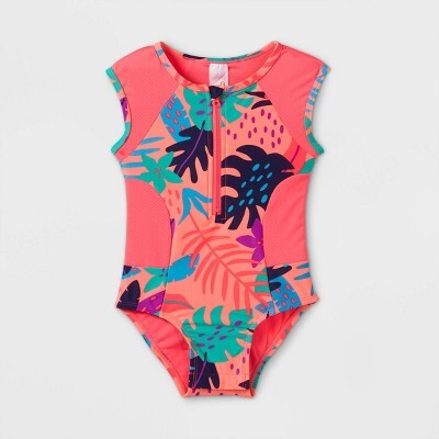 Toddler Girls' Leaf Print Zip-Front One Piece Swimsuit - Cat & Jack™ Pink