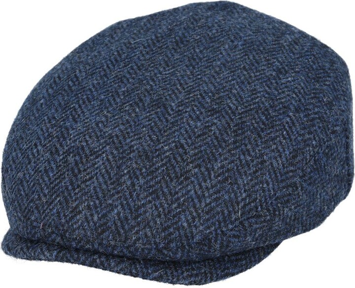 Hats of London Harris Tweed Navy Herringbone Flat Cap 100 Wool (UK