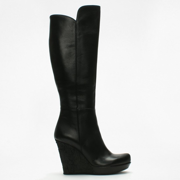 wedge black boots knee high