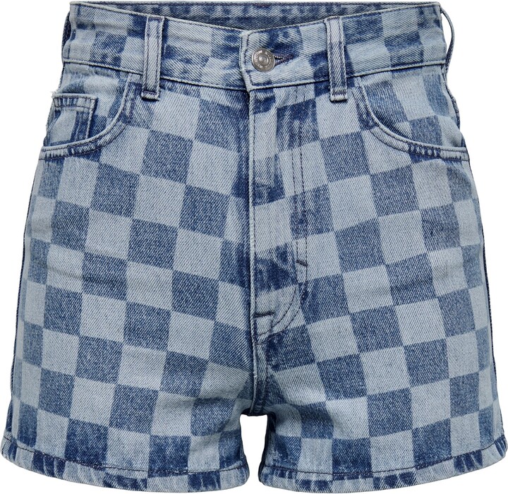 NEON & NYLON Blue Checkerboard Denim Shorts ShopStyle