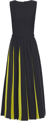 Valentino Pleated Two-tone Wool And Silk-blend Crepe Midi Dress