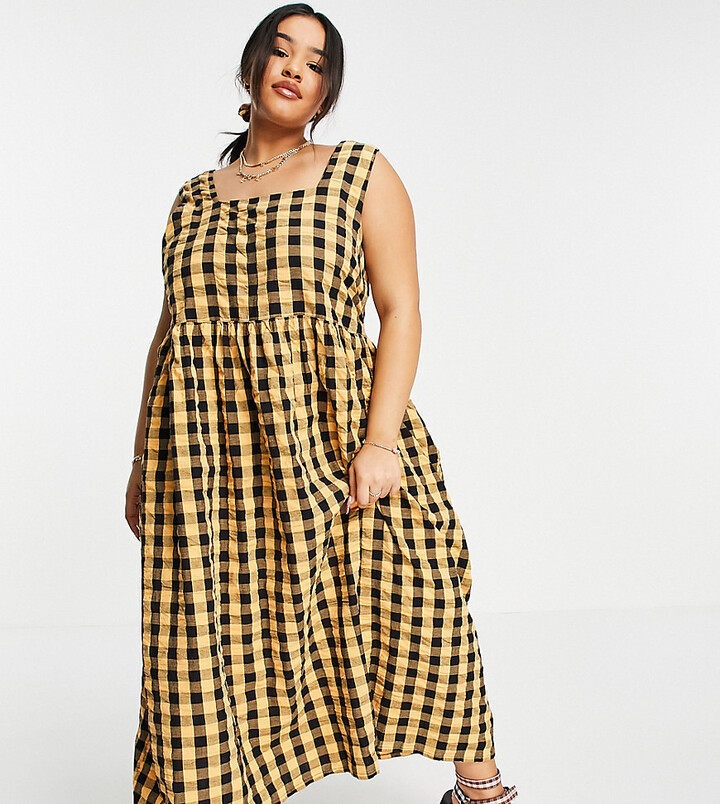 Collusion Plus seersucker gingham midi length pinafore sundress in