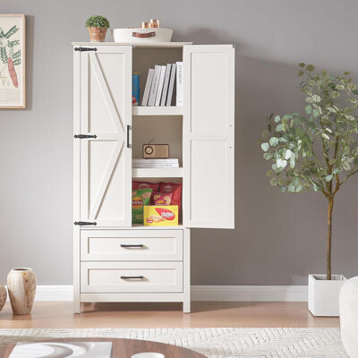 August Grove Kitchen Pantry Cabinet Freestanding Storage Cabinet Farmhouse Pantry Cabinet With 2 Drawers And 2 Barn Doors Cupboard With Adjustable Shelves Cabi