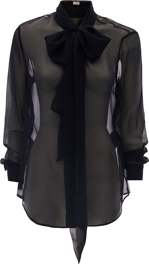 Saint Laurent Black Shirt With Lavalliére Neck In Silk Muslin Woman ...
