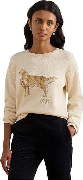 Lauren Ralph Lauren Intarsia-Knit Golden Retriever Sweater Women's Sweater Mascarpone Cream : LG, Cotton