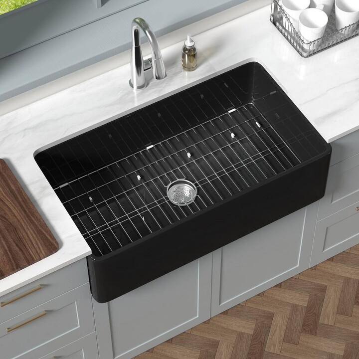 HOMLYLINK 36 in. Farmhouse Sink Single Bowl Apron Front Black Fireclay Kitchen Sink Farmhouse Kitchen Sink with Bottom Grid