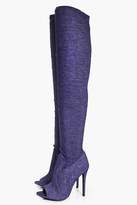 Thumbnail for your product : boohoo Victoria Denim Peeptoe Thigh High Boots