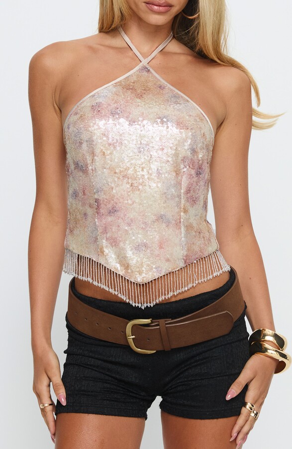 Princess Polly Udelle Sequin Fringe Halter Crop Top