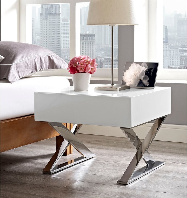 Parker Modern White High Gloss Nightstand with Chrome X Legs ShopStyle