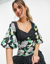 Thumbnail for your product : ASOS DESIGN mixed print shirred midi tea dress with bubble sleeve
