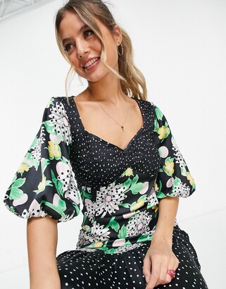 ASOS DESIGN mixed print shirred midi tea dress with bubble sleeve