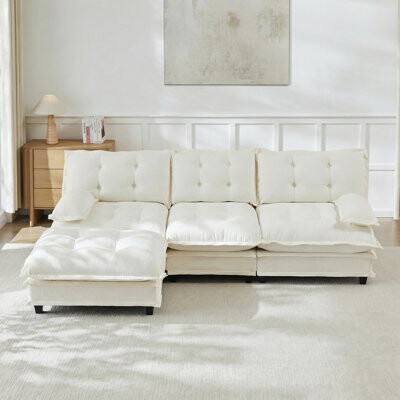Latitude Run 107 Inch 3-Seater Cloud Sofa Modular Sectional Couch with Deep Seating and Lattice Cushions Breathable Chenille Fabric in Beige