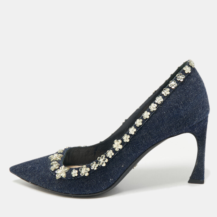 Christian Dior Navy Blue Denim Crystal Embellished Garland Pointed Toe Pumps Size 38.5