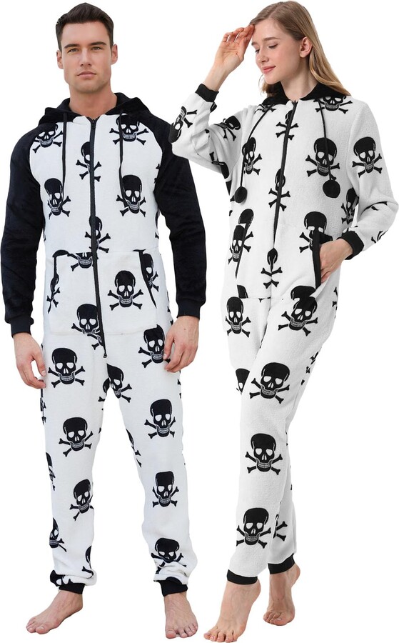 QIYUANT Halloween Couple Matching Pajamas Onesie Skull Pattern