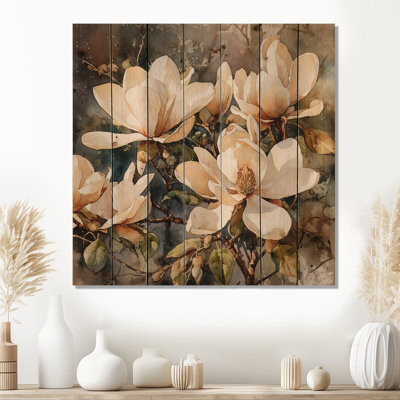 Red Barrel Studio Cream Magnolia Symphony - Floral Magnolias Print on Natural Pine Wood