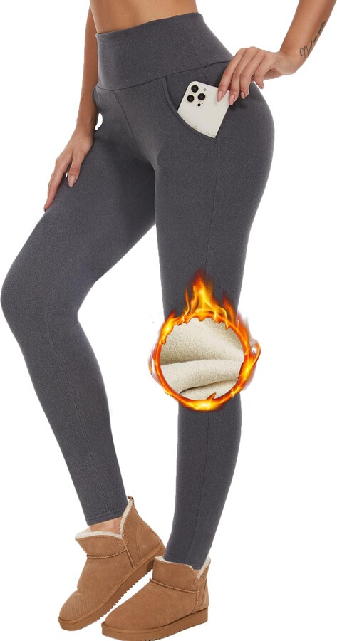 CheChury Women Thermal Leggings with Pockets Fleece Lined Warm High Waisted  Leggings Thick Winter Tummy Control Yoga Running Gym Pants - ShopStyle