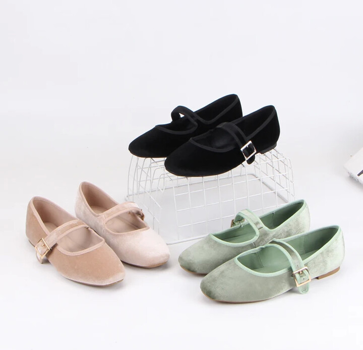 IEKROPOT Velvet Fabric Flats Mary Jeans Shoes Women Spring Autumn Buckle Strap Ballet Ladies Shoes Elegant Square Toe Black Loafers 2025