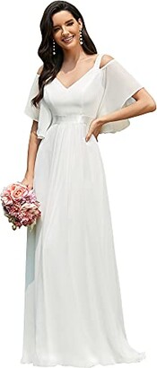 Ever-Pretty Women's Elegant Cold Shoulder Short Sleeves Empire Waist A Line Floor Length Chiffon Prom Dresses White 12UK