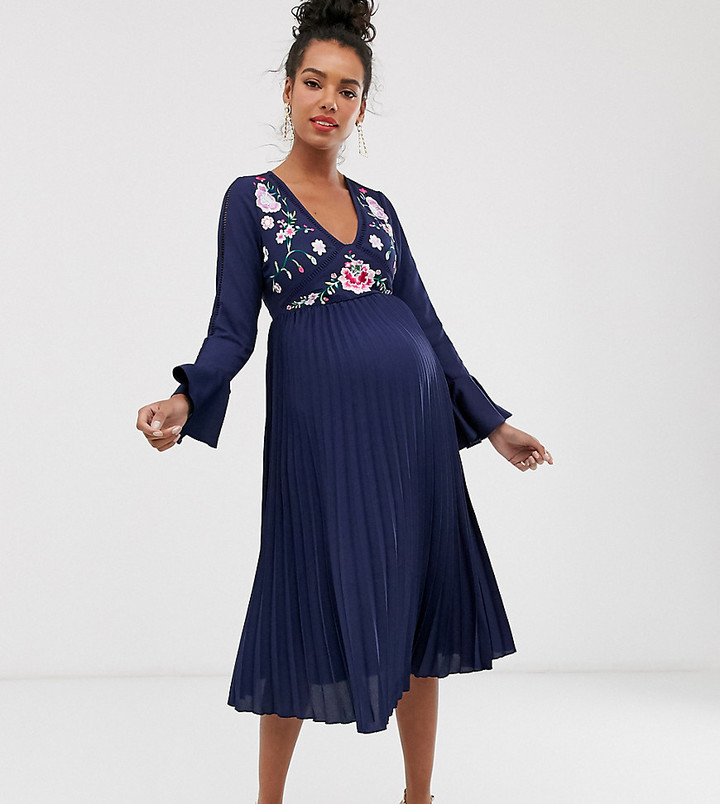 ASOS Maternity ASOS DESIGN Maternity embroidered pleated midi dress with  lace inserts in navy - ShopStyle