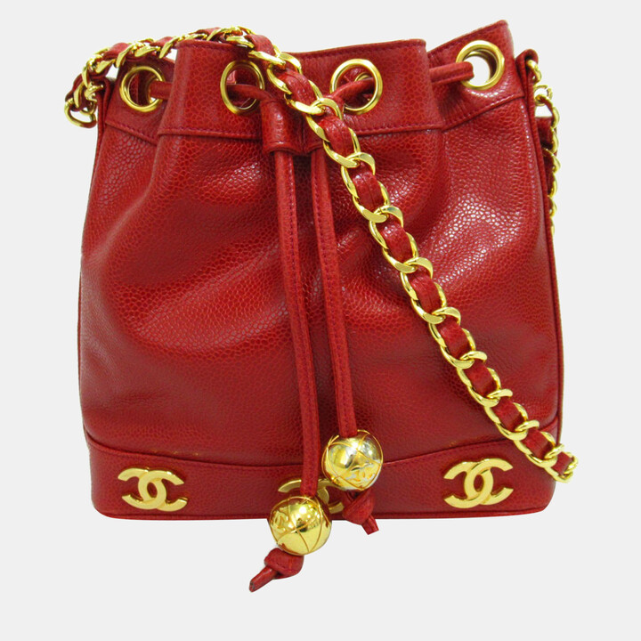 Chanel Red CC Caviar Leather Bucket Bag - ShopStyle