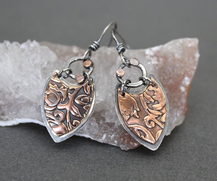 Etsy Floral Copper Shield Earrings Sterling Silver Boho Dangles