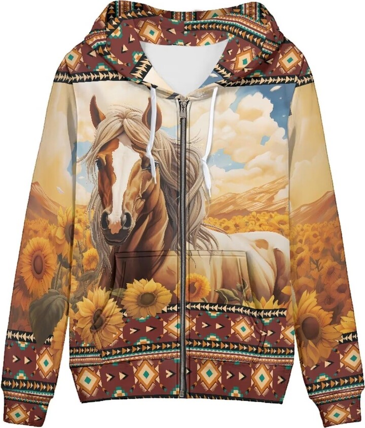 BYCHECAR Western Women Zip Up Hoodies Sweatshirt Long Sleeve Hoodie Jacket Women's Casual Shirts Top Graphic Y2K 90S Streetwear Cardigan Horse Sunflower Fall Spring Clothes 2XL