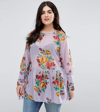 ASOS Curve CURVE Tunic in Floral Print with Tie Sleeves