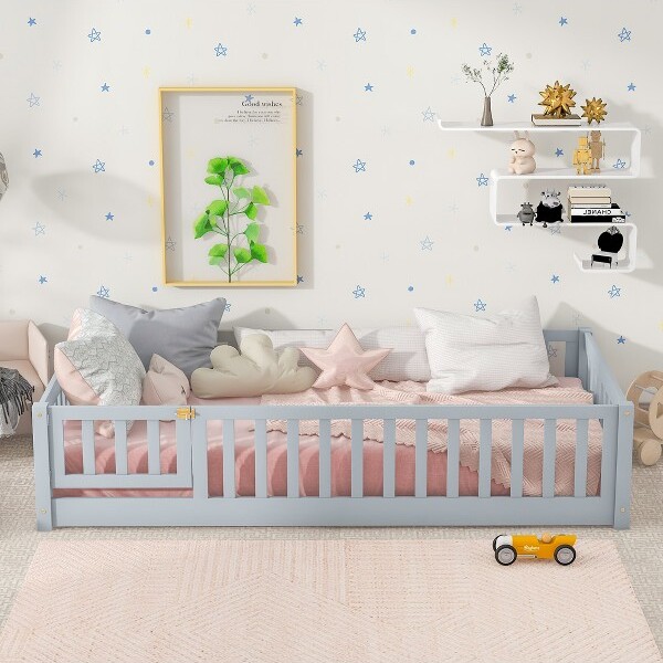Harper&Bright Designs TwinSizeFloorBedwithFenceandDoorforKidsWoodTwinPlatformBedwithGuardrailsforBedroomGray