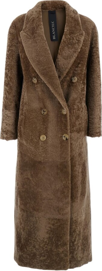 Blancha Brown Double-breasted Shearling Coat With Peak Revers In Fur Woman