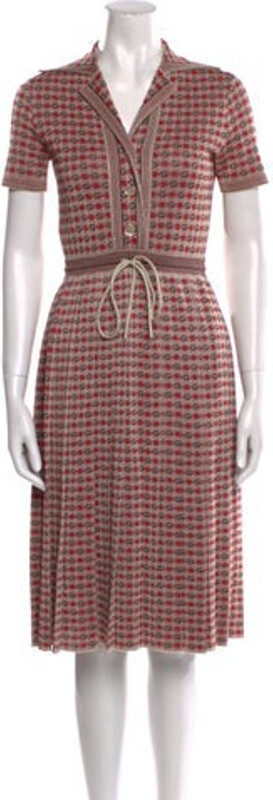 Gucci Shirtdress By Alessandro Michele Metallic & Red GG Logo Pleated Accents Short Sleeve with Collar Button Closure at Front Designer