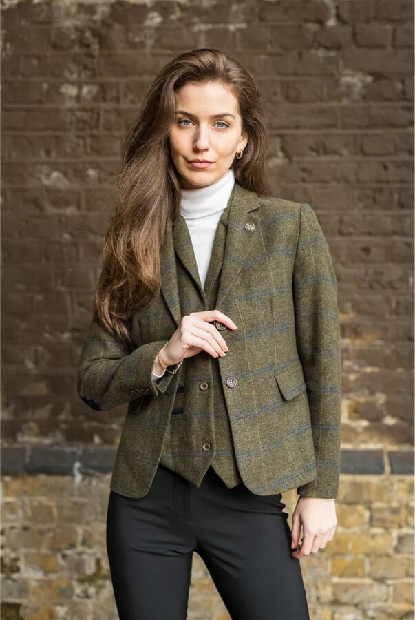 Oliver Tweed Infinity Leather Women's Olive 2 Piece Set Tweed Blazer Waistcoat in Herringbone Check