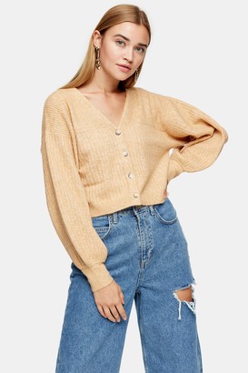 Topshop Camel Balloon Sleeve Cropped Knitted Cardigan - ShopStyle