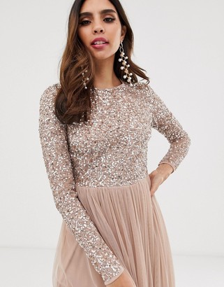 Maya Bridesmaid long sleeve maxi tulle dress with tonal delicate sequins in taupe blush
