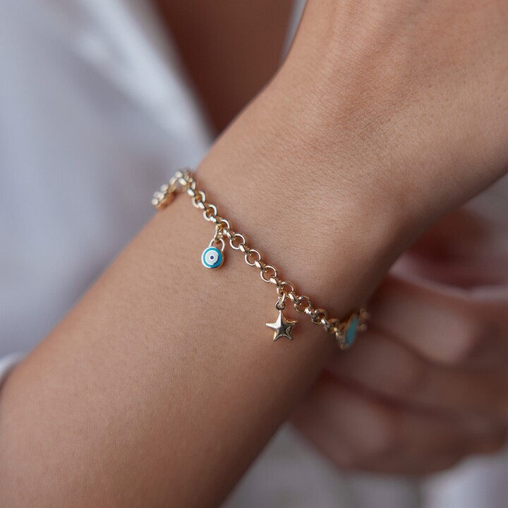 Etsy 14K Solid Gold Evil Eye Charm Bracelet Star Flower Chic Jewelry