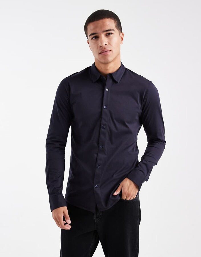 ONLY & SONS slim fit long sleeve shirt with stretch in dark navy