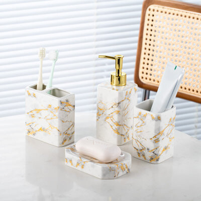 Everly Quinn 4 Piece Bathroom Accessories Set - White Bathroom Accessory Sets Includes Lotion Dispenser Toothbrush Holder Tumbler And Soap Dish - Glossy Finish (