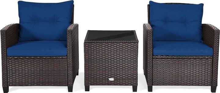 Gymax 3PCS Outdoor Patio Rattan Conversation Set Garden Yard w/ Navy Cushions