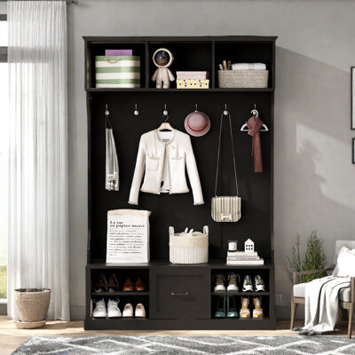 3-in-1 Hall Tree With 6 Coat Hangers, Entryway Bench, A Spacious Drawer, 2 Adjustable Shelves And 3 Upper Shelves