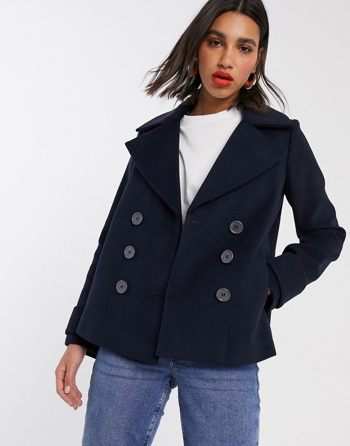 Miss Selfridge double breasted pea coat in navy - ShopStyle
