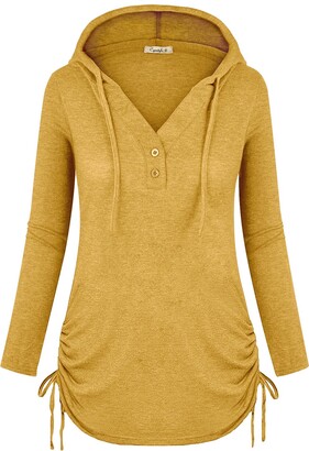 Cyanstyle Women's Long Sleeve Henley V-Neck Button Sweatshirt Tunic Hoodies Casual Pullover with Drawstring Pink Medium