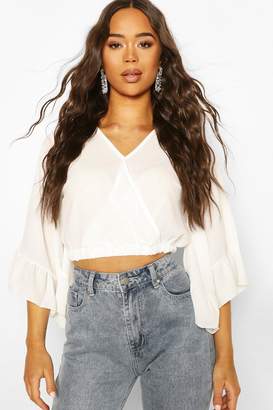 boohoo Woven Frill Sleeve Wrap Front Crop Top