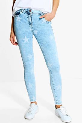 boohoo Eva Star Print Skinny Jeans