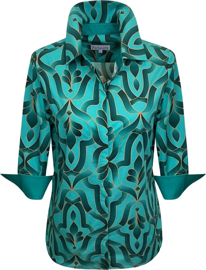 Perlavera Blue Cindy Tile Aqua Printed Three Quarter Sleeve Regular Slim Shirt