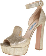 Thumbnail for your product : Prada Gold Glitter Ankle Strap Block Heel Platform Sandals Size 38.5