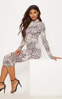 Thumbnail for your product : PrettyLittleThing Tall Taupe Snake Print Slinky High Neck Midi Dress